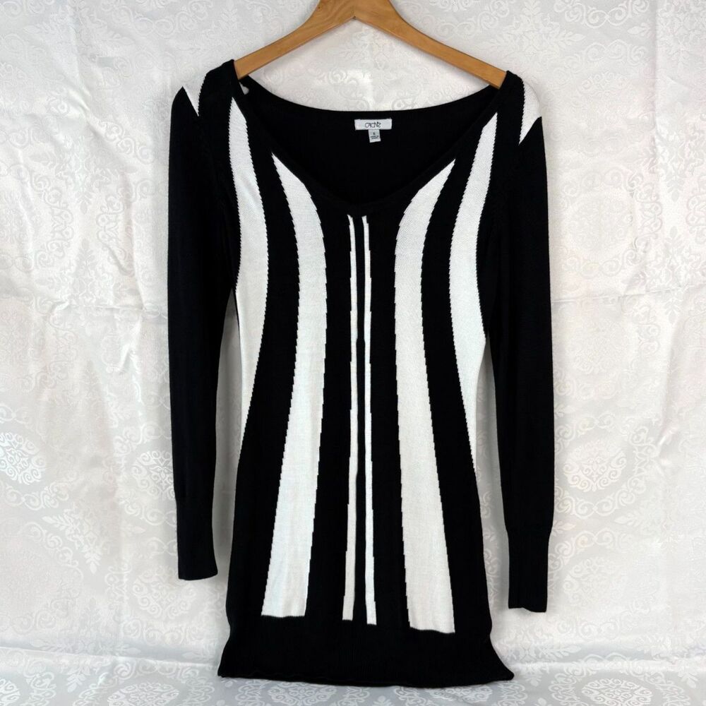 Caché Sweater Dress Tunic Black Stripe Geometric Y2K Vintage Work Business S